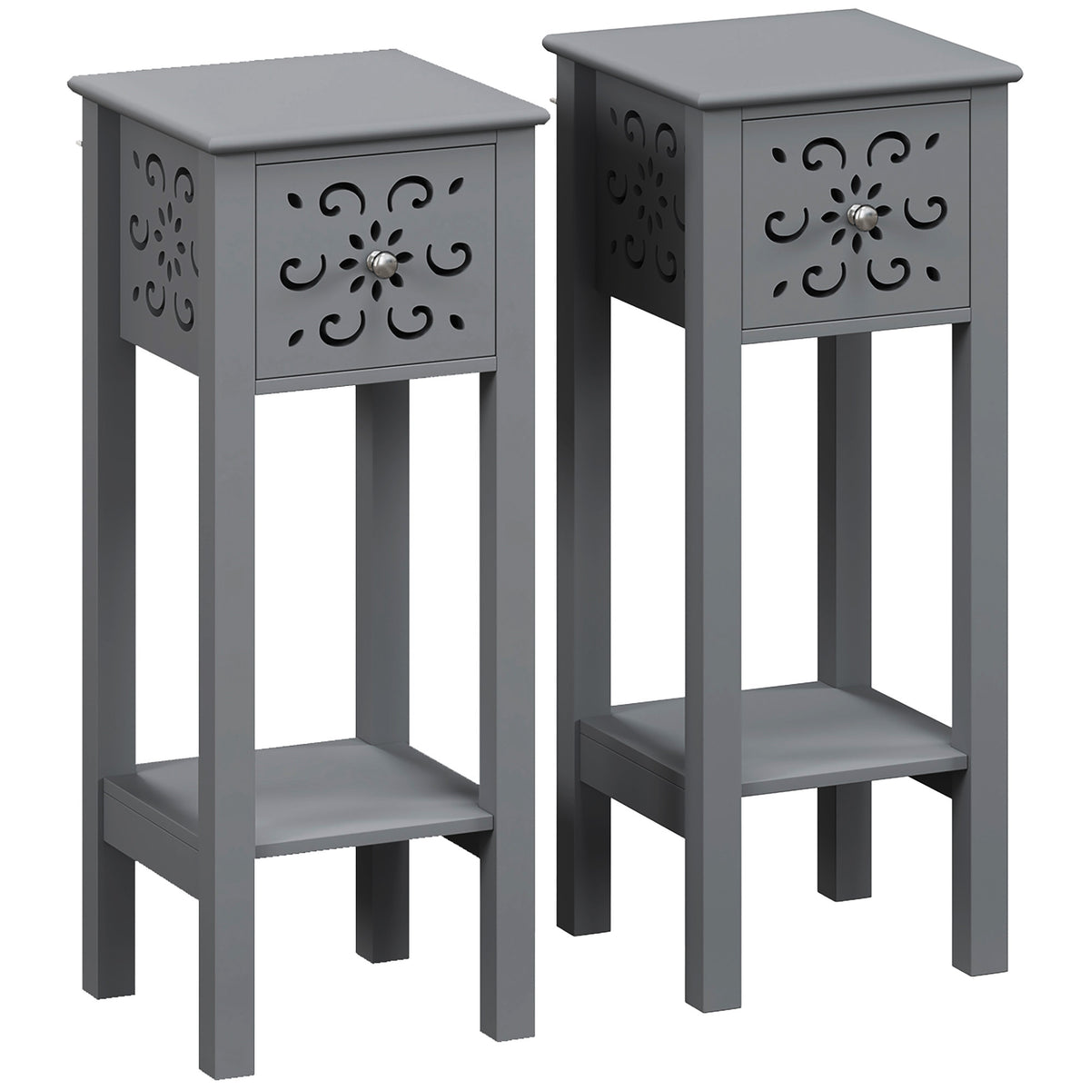 HOMCOM Set of Two Elegant Floral Cut-Out Side Tables - Grey