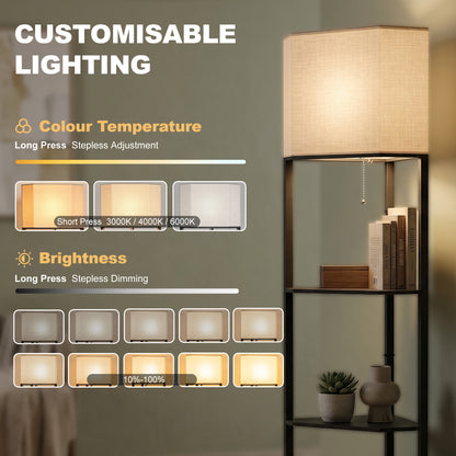 HOMCOM Corner Floor Lamp with Shelves, Tall Standing Lamps for Living Room, with Pull Chain Switch Bulb not Included, Black