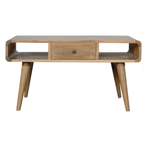 Artisan Furniture Solid Wood Curved Oak-ish Coffee Table, Beige, 2Drawers