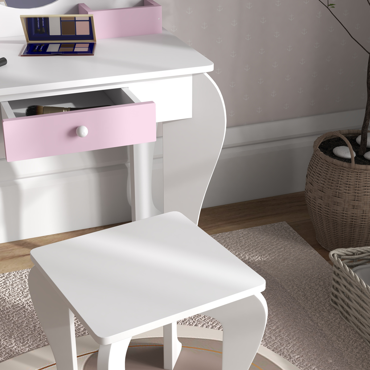 ZONEKIZ Kids Dressing Table with Mirror and Stool, Drawer, Storage Boxes - White