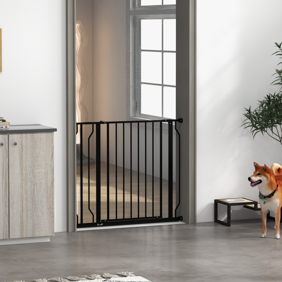 PawHut Dog Gate Wide Stair Gate with Door Pressure Fit, 75-95W cm, Black