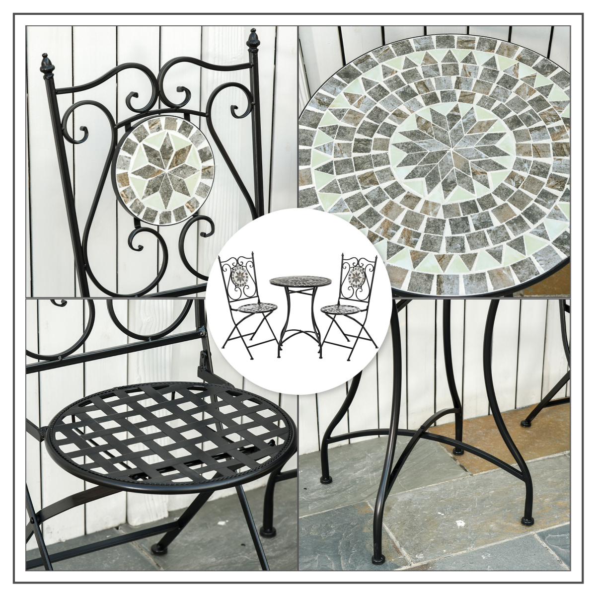 3Pc Mosaic Tile Garden Bistro Set Folding Chairs