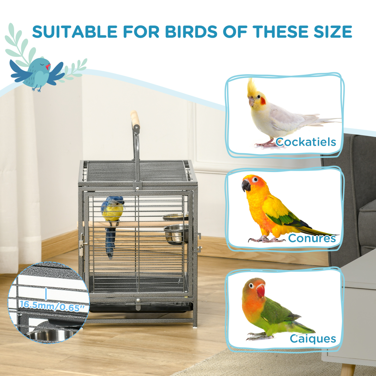 Parrot Cage Bird Carrier w/ Wooden Perch, Handle