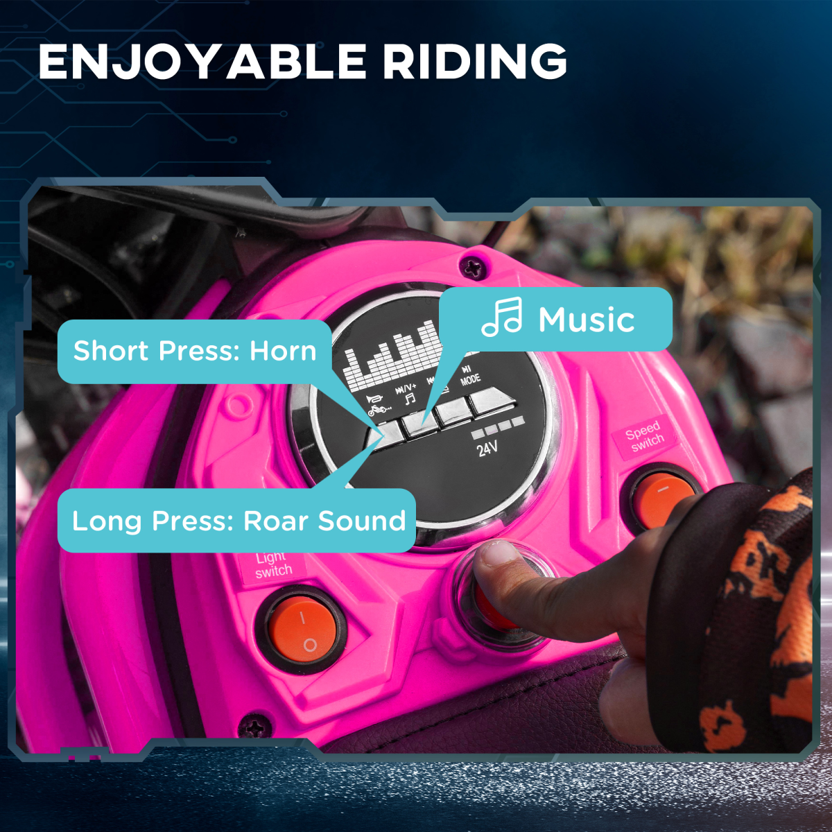 HOMCOM 24V Kids Electric Motorbike with Twist Grip Throttle, Music, Horn - Pink