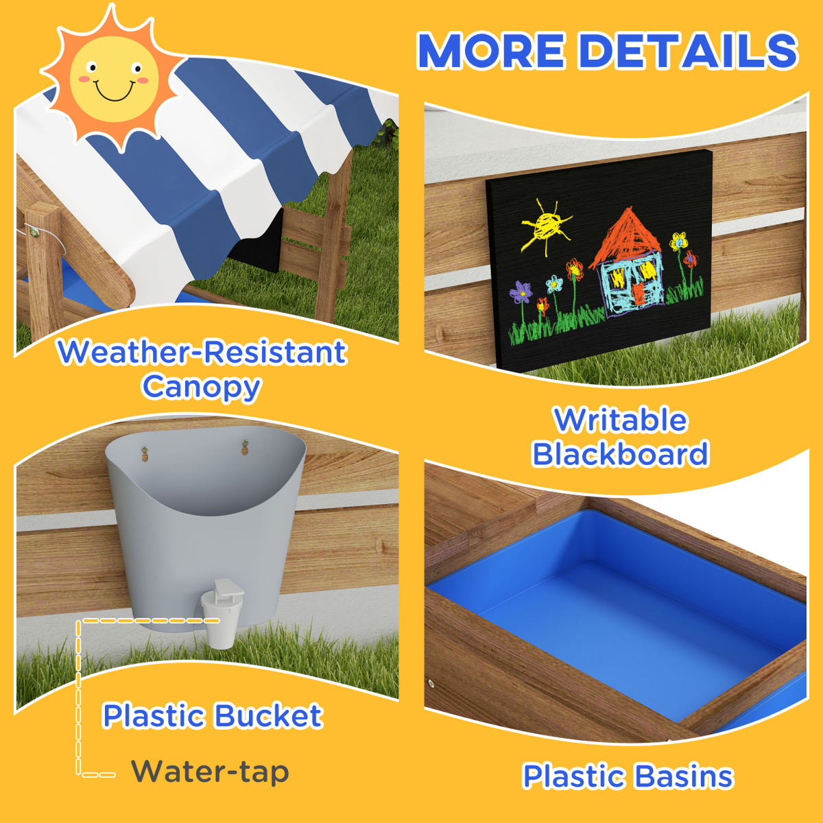 Outsunny Sand Pit with Canopy, Blackboard, Toys, Sink, Seats, Flags for Kids