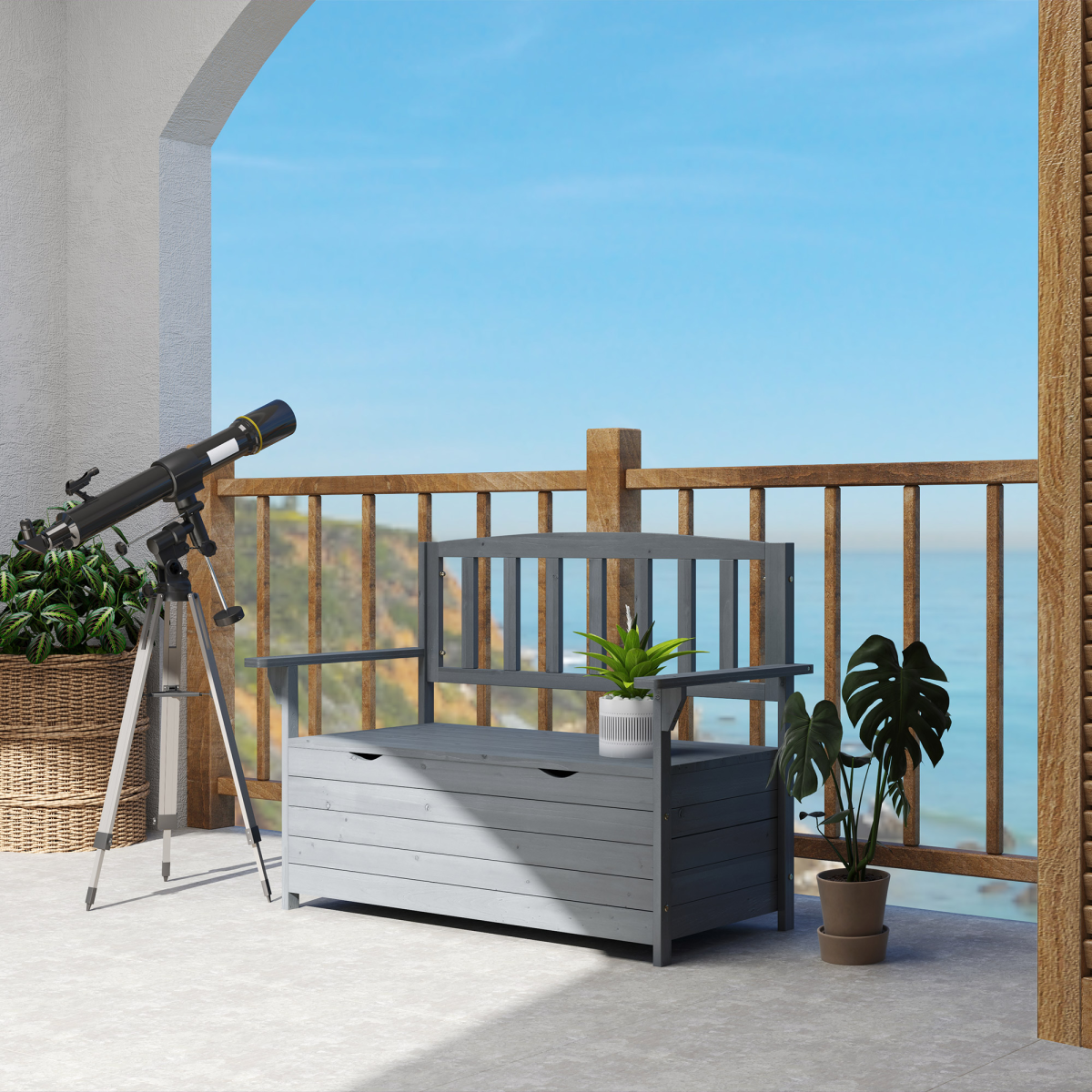 Outsunny Garden Storage Bench, 2 Seater Fir Wood Outdoor Bench, Dark Grey