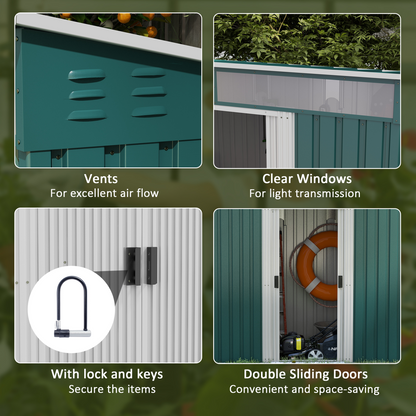 Outsunny 6.5x4FT Garden Shed with Foundation Lockable Metal Tool Shed Green