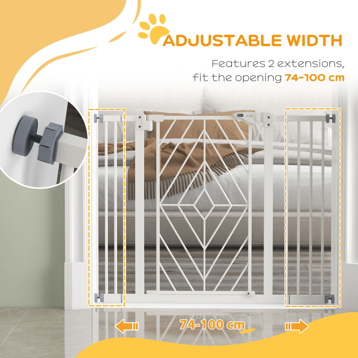 Pressure Fit Safety Gate w/ Auto Closing Door, Double Locking, 74-100cm Openings