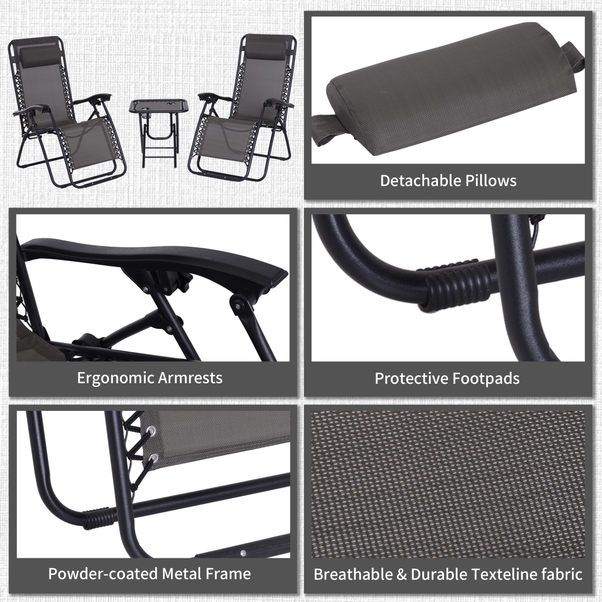 3PC Zero Gravity Chairs Sun Lounger Table Set Cup Holders Dark Grey Outsunny