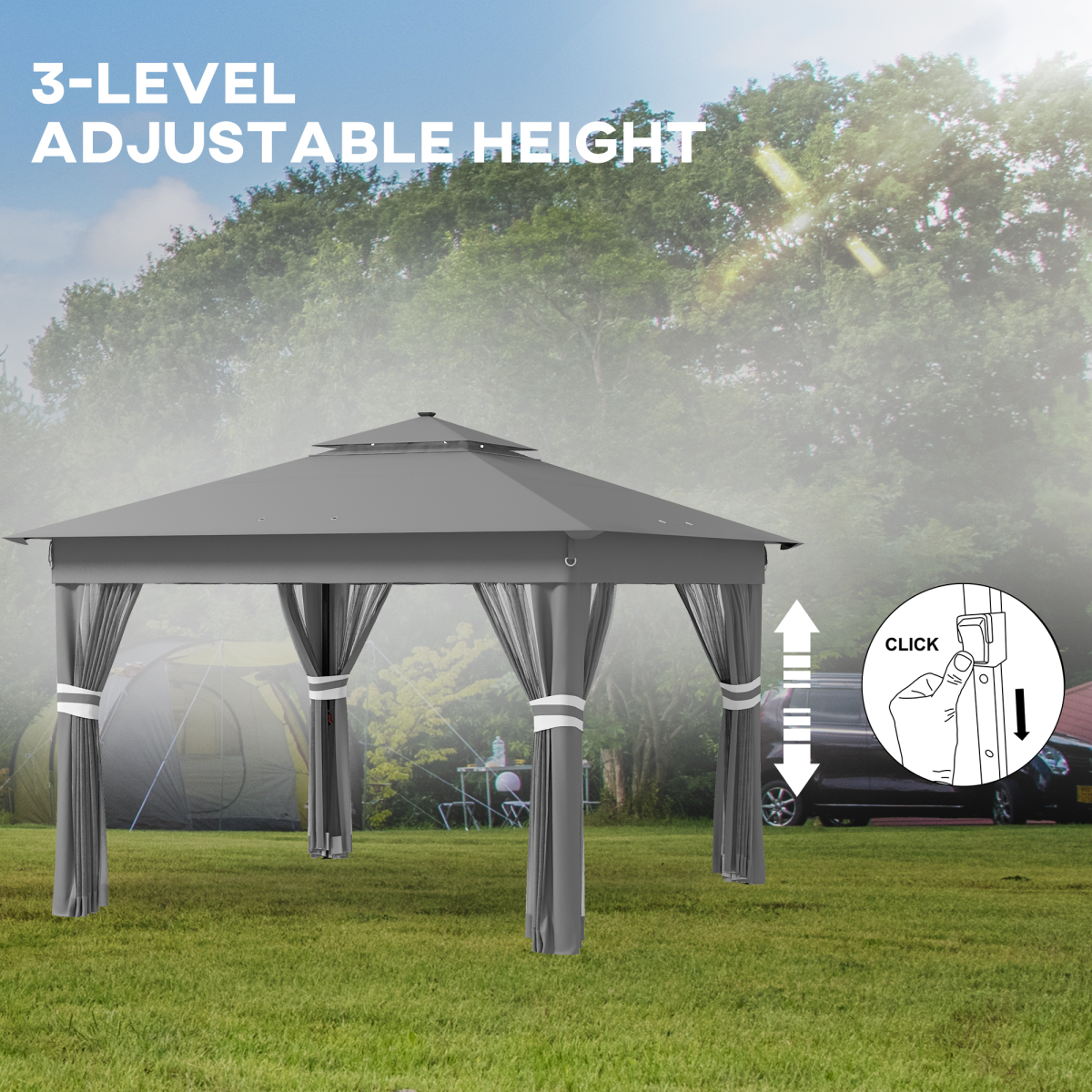 Outsunny 3x3(m) Pop Up Gazebo w/ Solar-Powered LED Lights Curtain Netting Grey