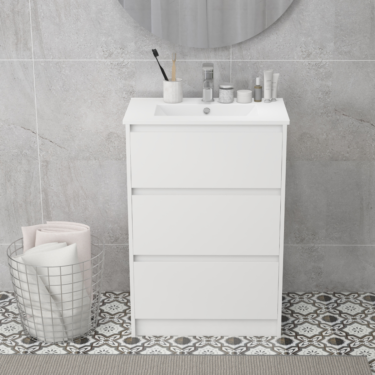 600mm Bathroom Vanity Unit w/ 1 Tap Hole Basin Drawers Gloss White