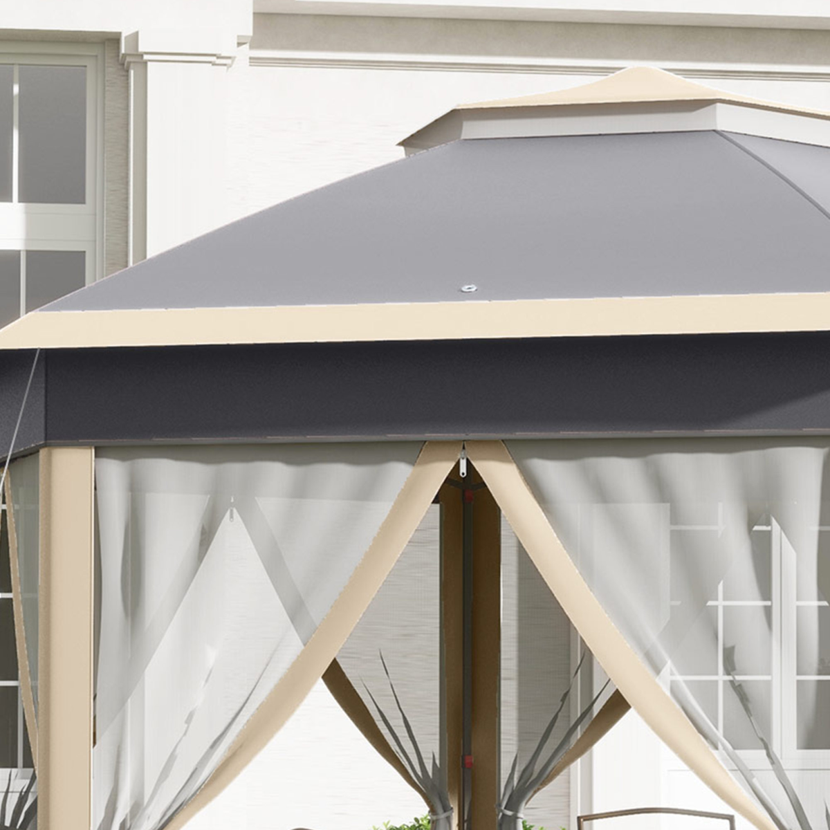 Outsunny 3x4m Hexagon Gazebo w/ Metal Frame Mesh Curtains Outdoor Garden, Khaki