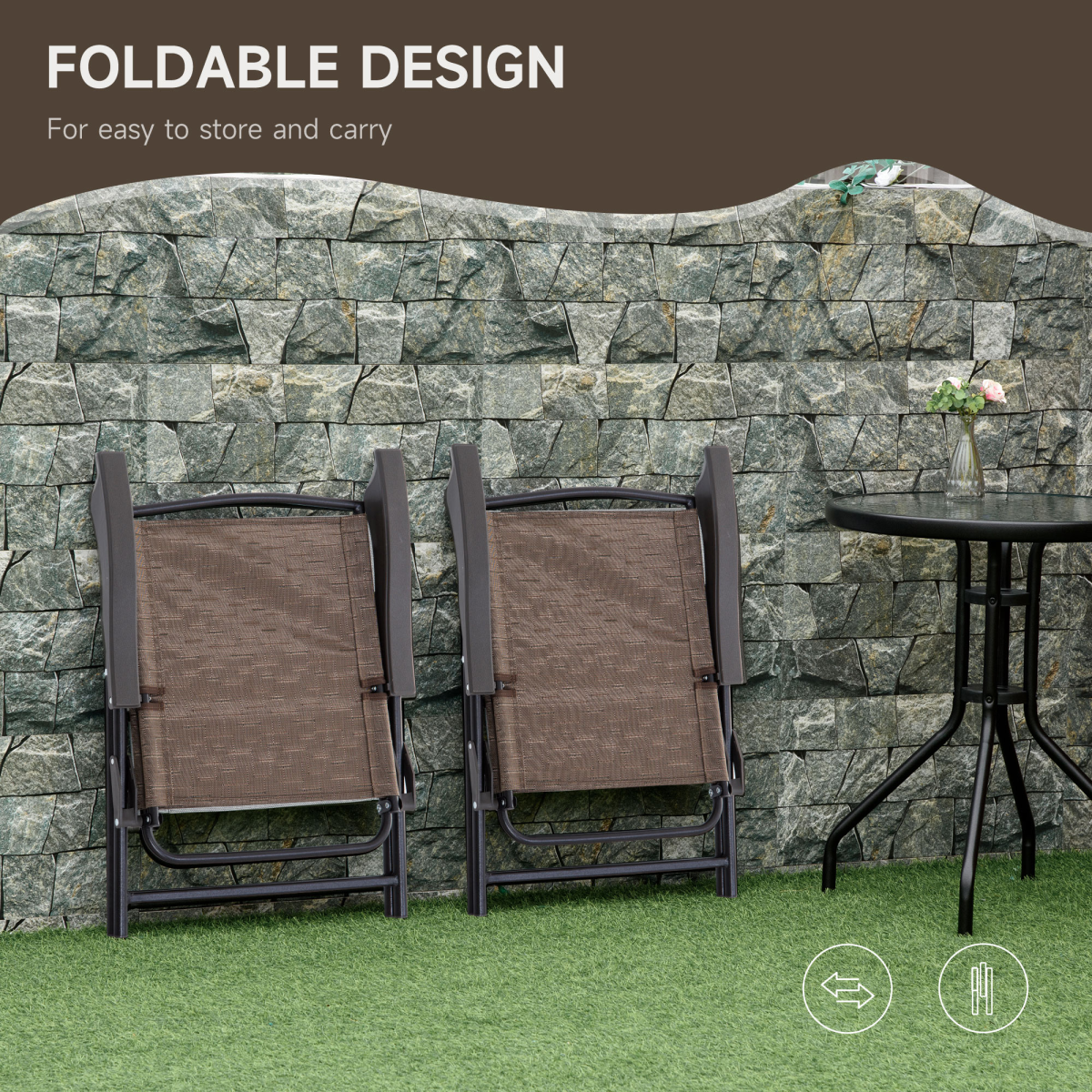3 PCS Patio Furniture Bistro Set with Folding Chairs Tempered Glass Table Brown