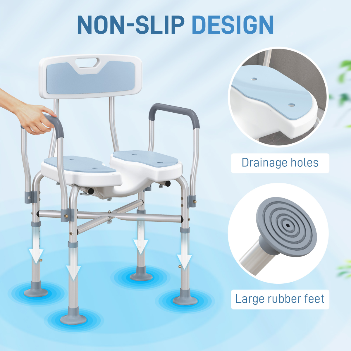 HOMCOM Padded Bath Chair with Slotted Seat and Adjustable Height, Light Blue