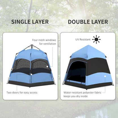 Outsunny 4 Person Pop Up Tent Camping Festival Hiking Shelter Family Blue&Black