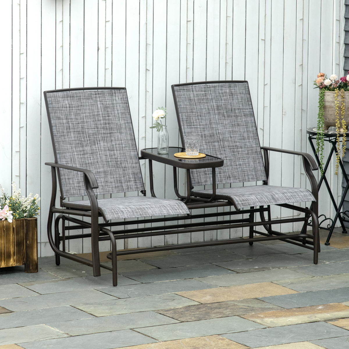 2 Seater Metal Double Swing Chair Glider Rocking Chair Seat With Table Grey