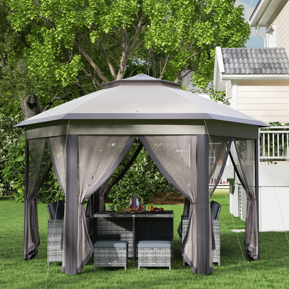 4.05m x 4.05m Metal Frame Mesh Draped 2-Tier Roof Gazebo Brown