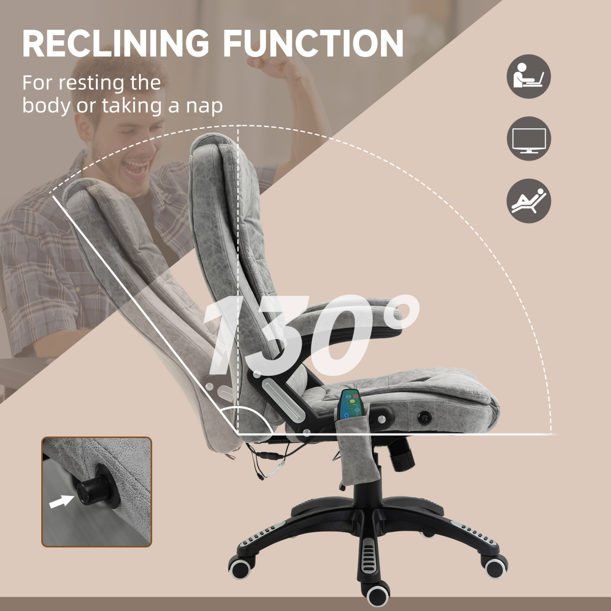 Executive Reclining Chair w/ Heating Massage Points Relaxing Headrest Grey