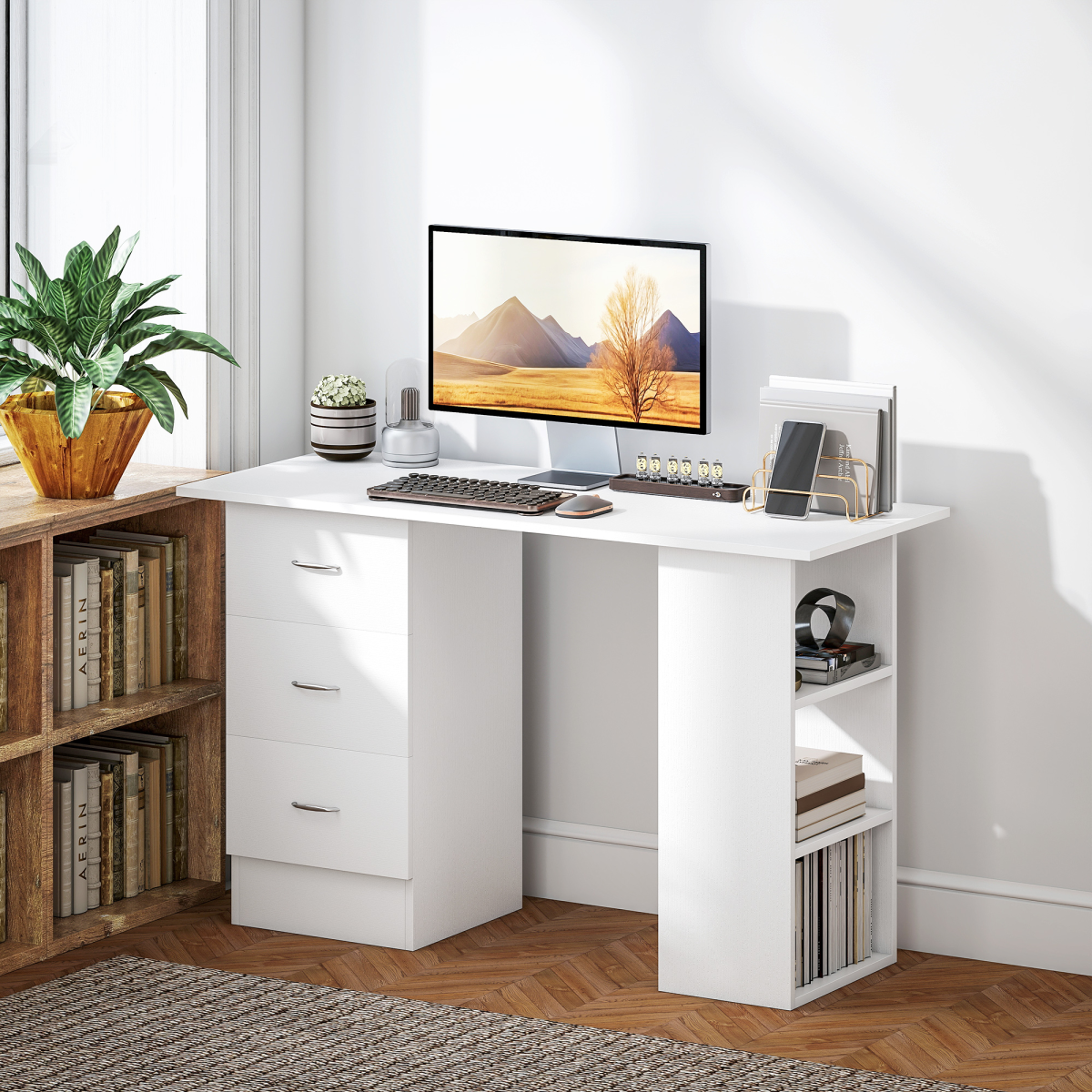 HOMCOM 120cm Computer Desk PC Table Workstation w/ 3 Shelf & Drawers White