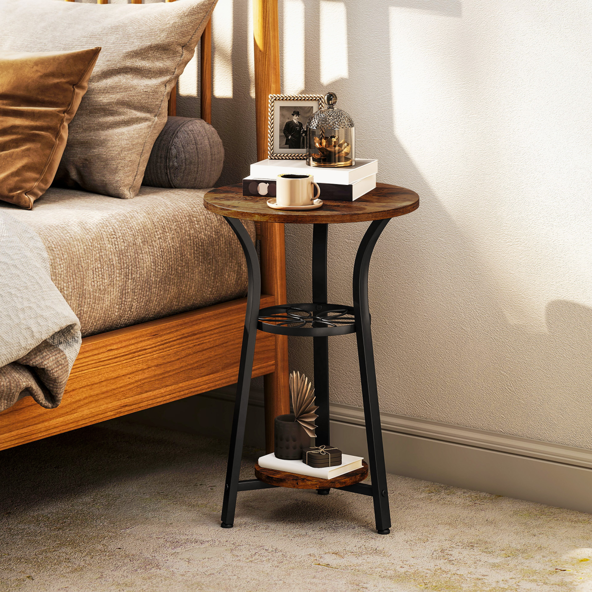 HOMCOM 3-Tier Small End Table Industrial 38 cm Round Side Table Rustic Brown
