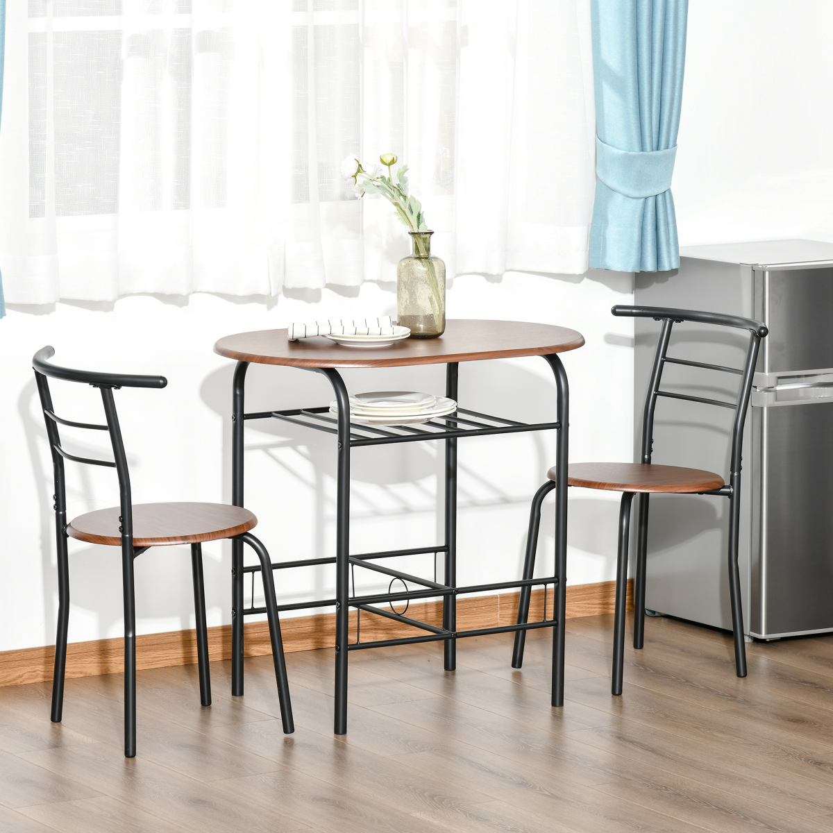 MDF 2-Seater Bar Stool and Table Set w/ Bottle Storage Shelf Wood Tone