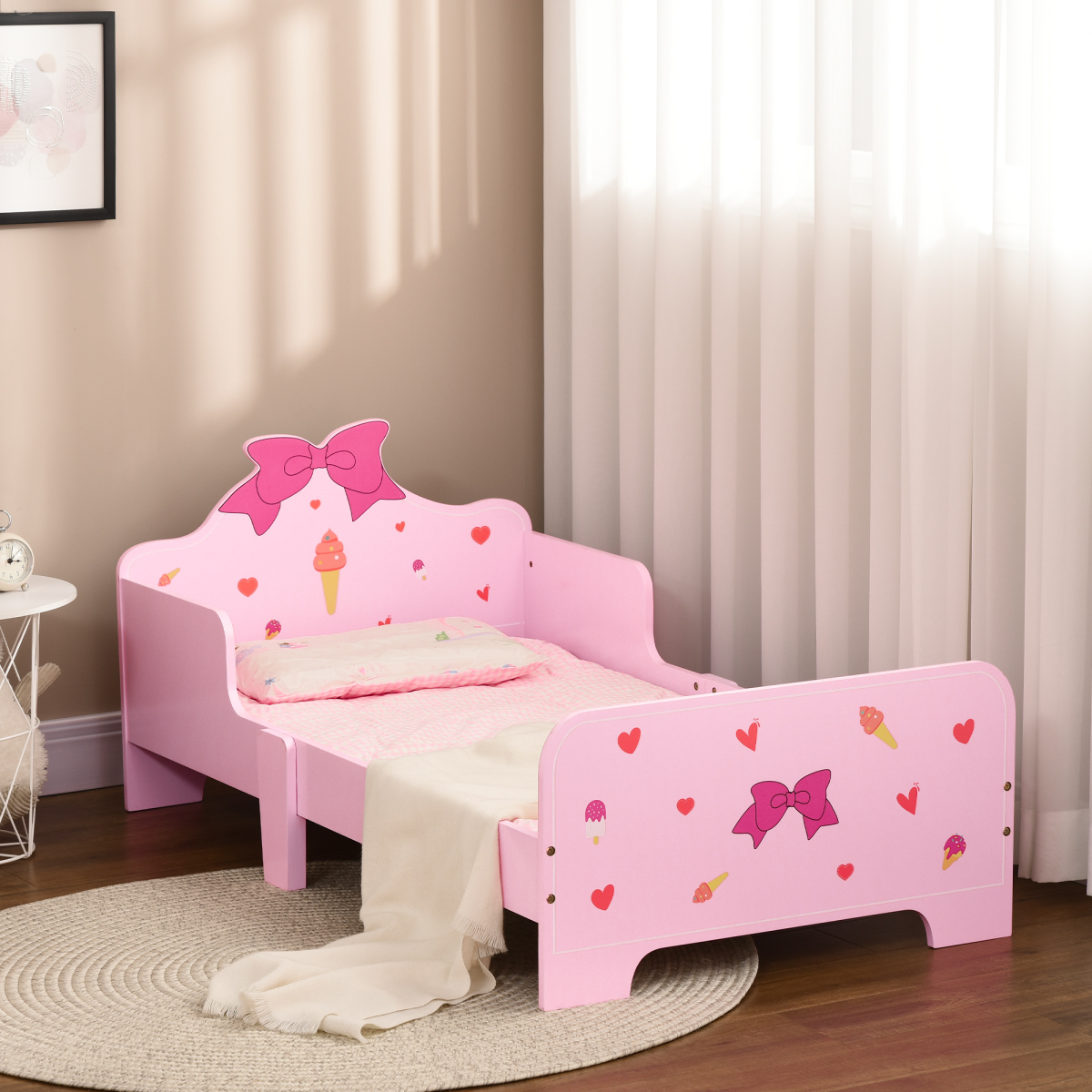 Princess-Themed Kids Toddler Bed w/ Cute Patterns, Safety Rails - Pink
