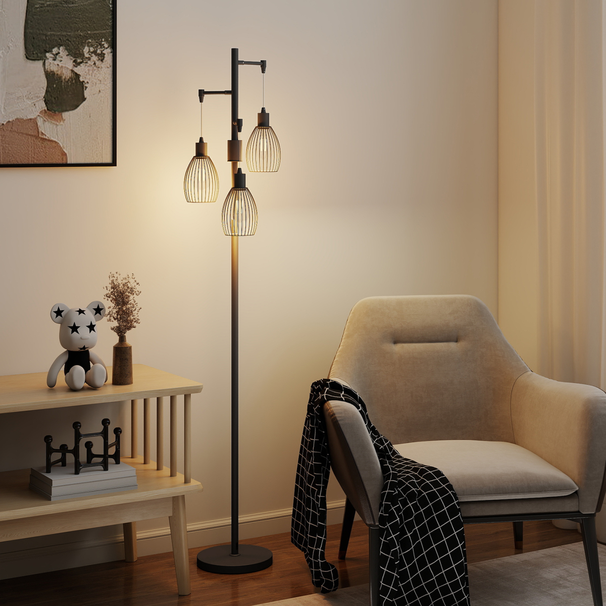 HOMCOM Industrial 3-Light Floor Lamp Dimmable LED Standing Lamp, Black