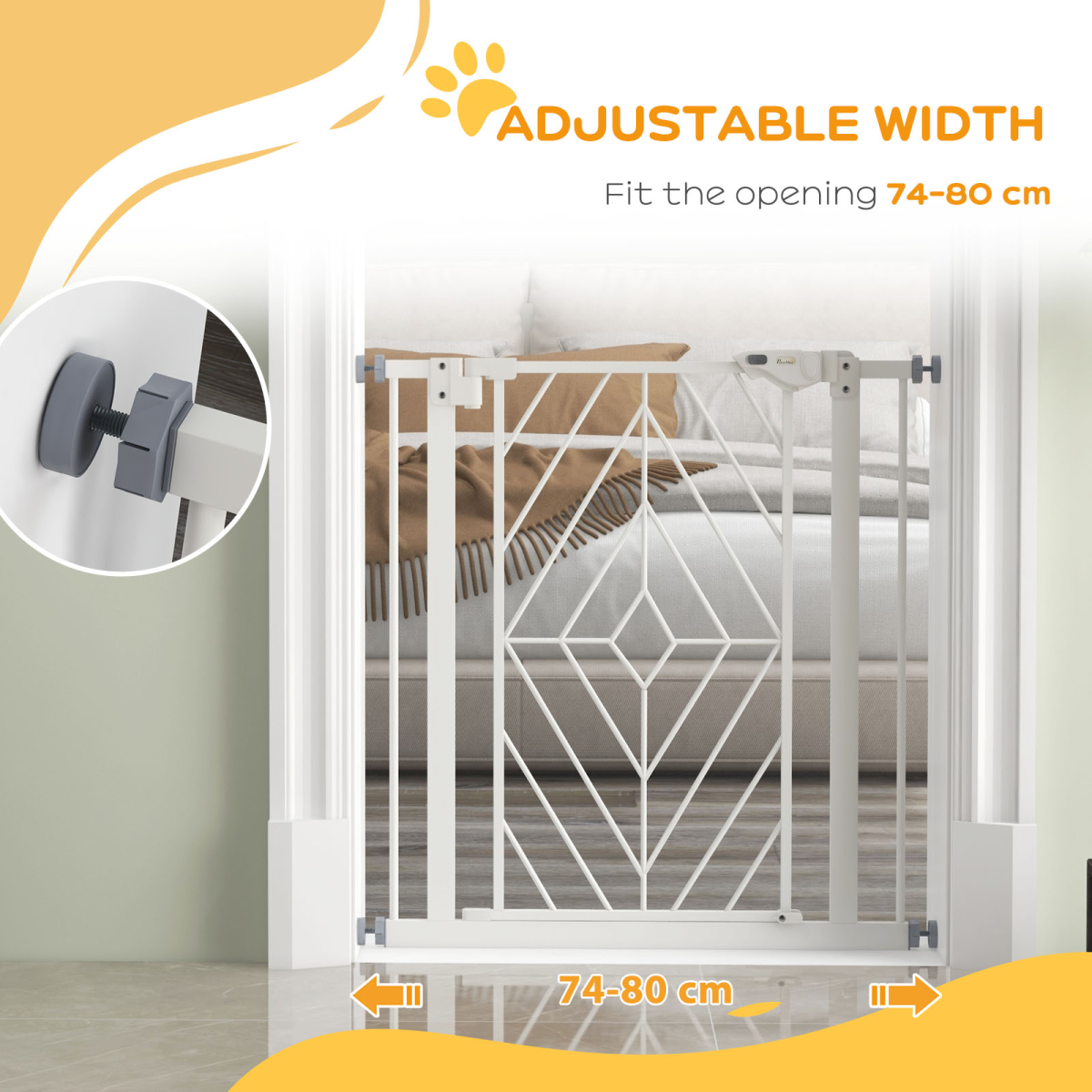 Pressure Fit Safety Gate w/ Auto Closing Door, Double Locking, Openings 74-80cm