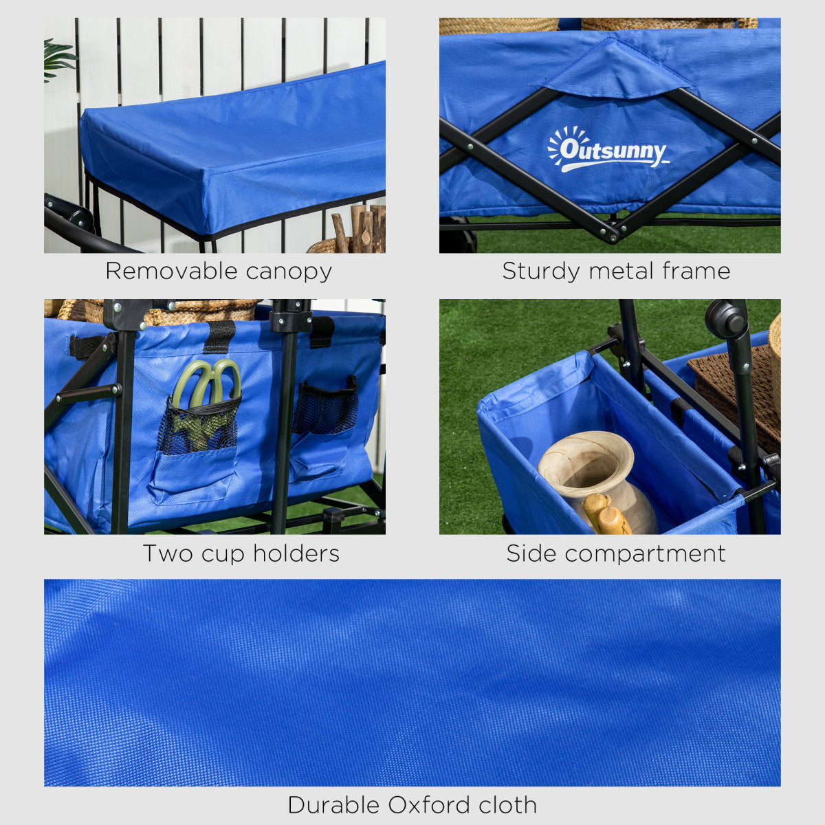 Trolley Cart Storage Wagon 4 Wheels w/ 2 Compartments Handle, Canopy, Blue