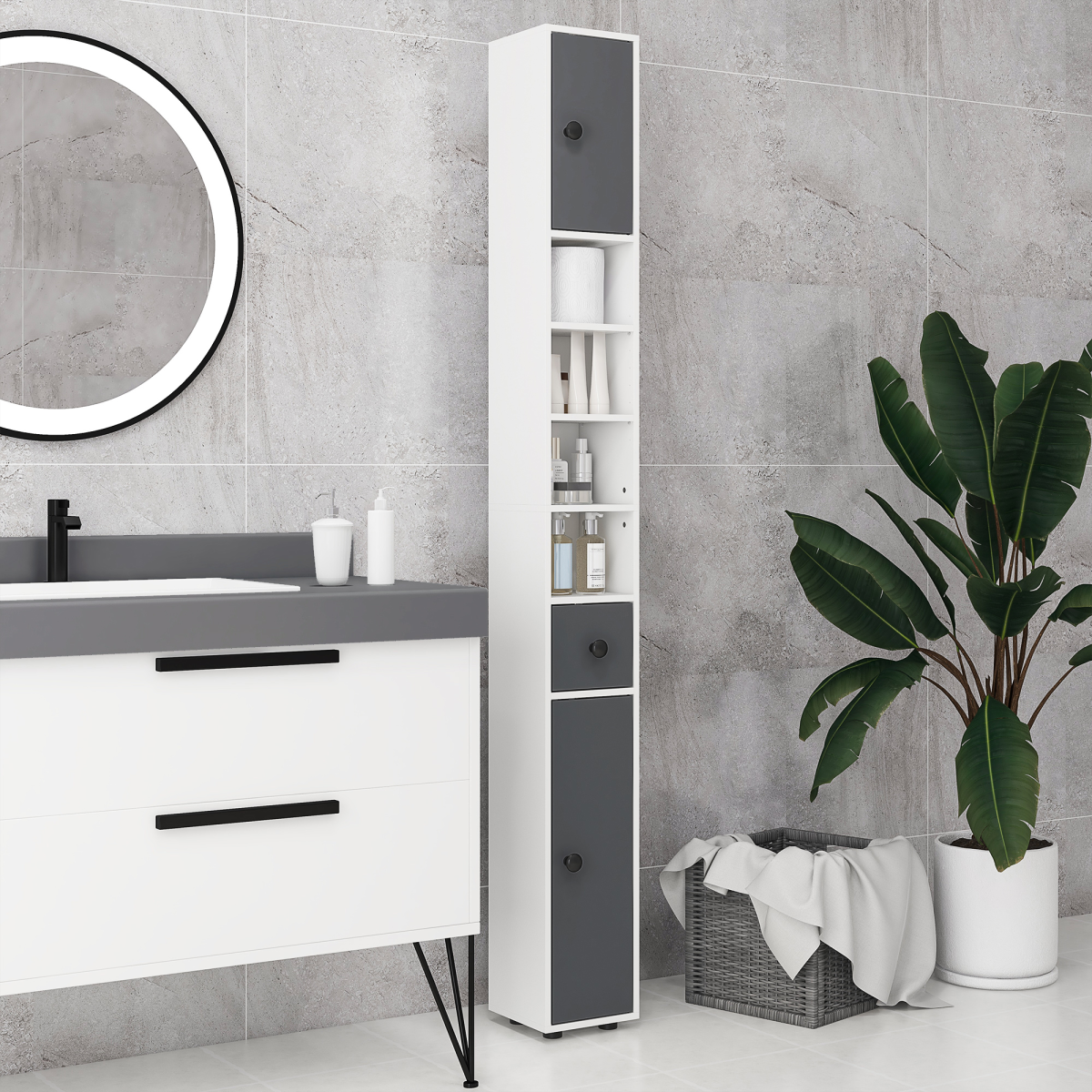 kleankin Slim Bathroom Cabinet, Toilet Roll Storage w/ Open Shelves, Grey