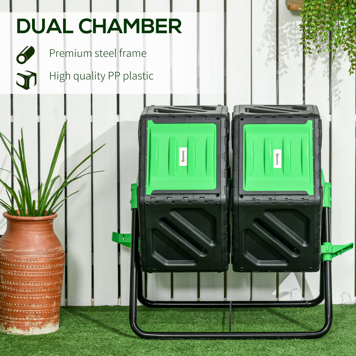 Outsunny 130L Compost Bin Dual Chamber Rotating Composter w/ Ventilation Holes