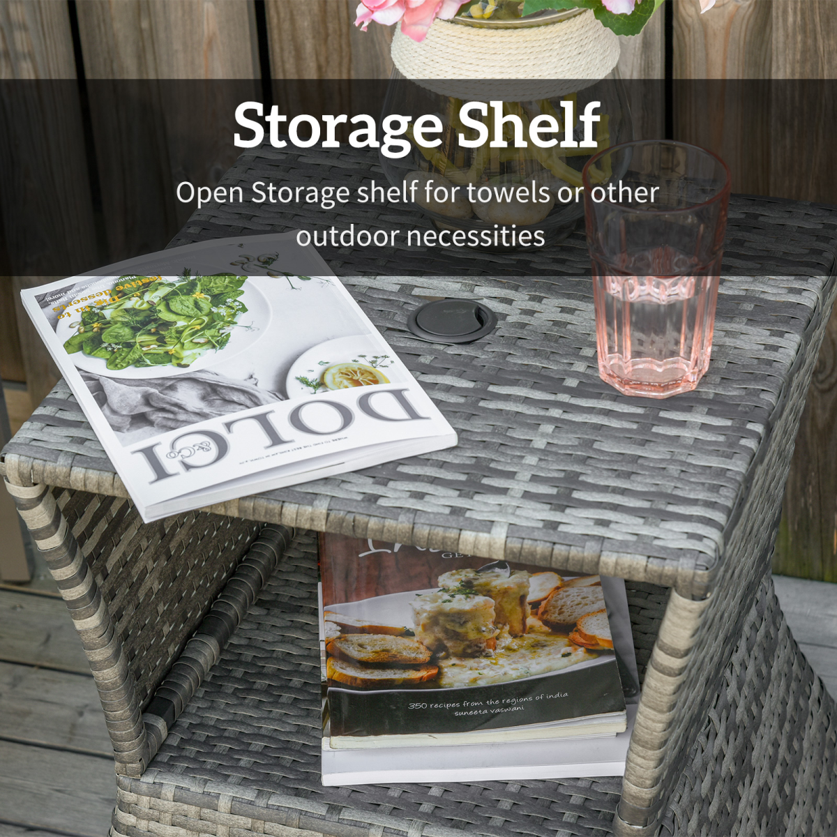 Outsunny Rattan Wicker Tea Coffee Table w/ Umbrella Hole and Storage Space Grey