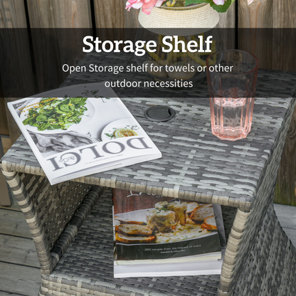Outsunny Rattan Wicker Tea Coffee Table w/ Umbrella Hole and Storage Space Grey
