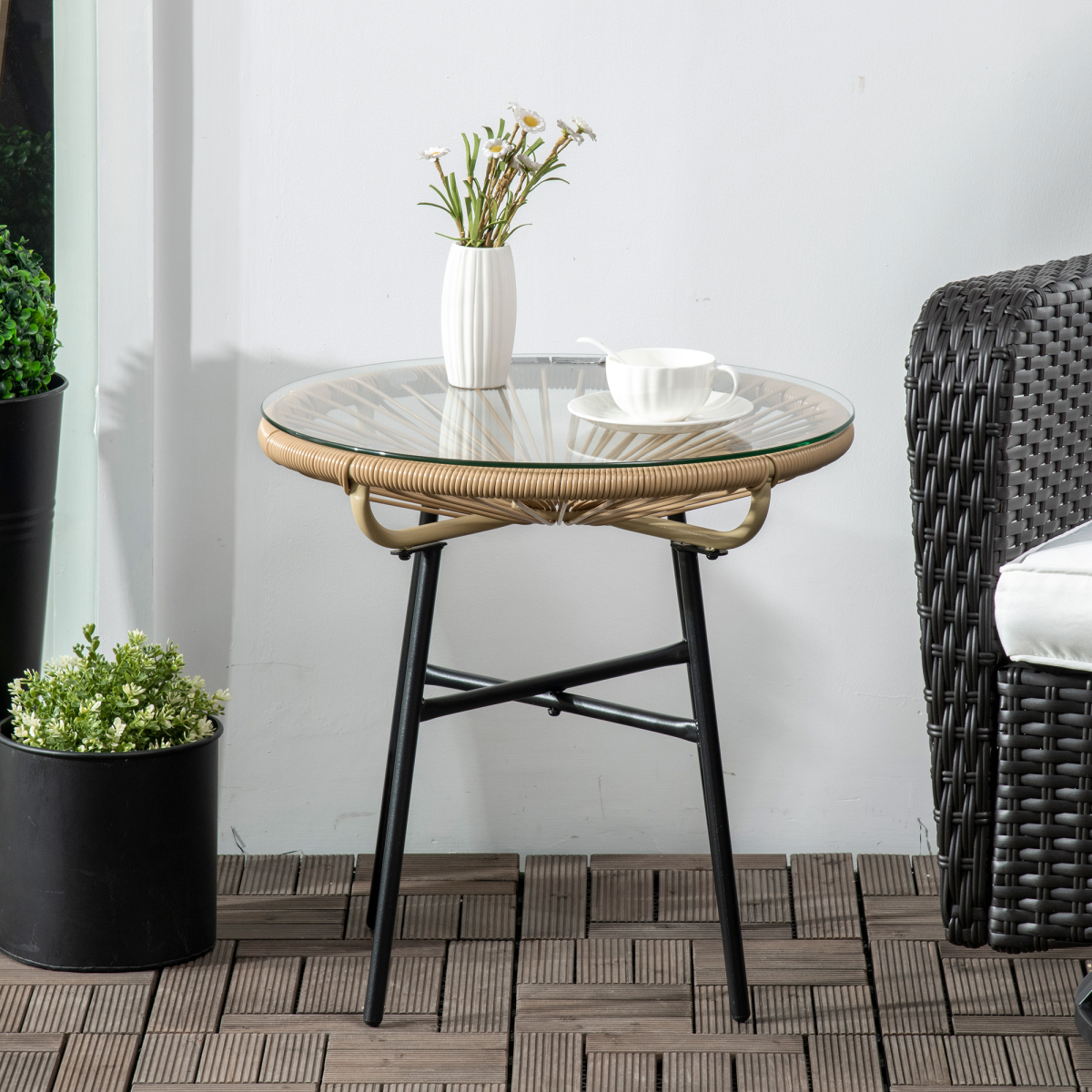 Rattan Side Table with Round PE Rattan and Tempered Glass Table Top