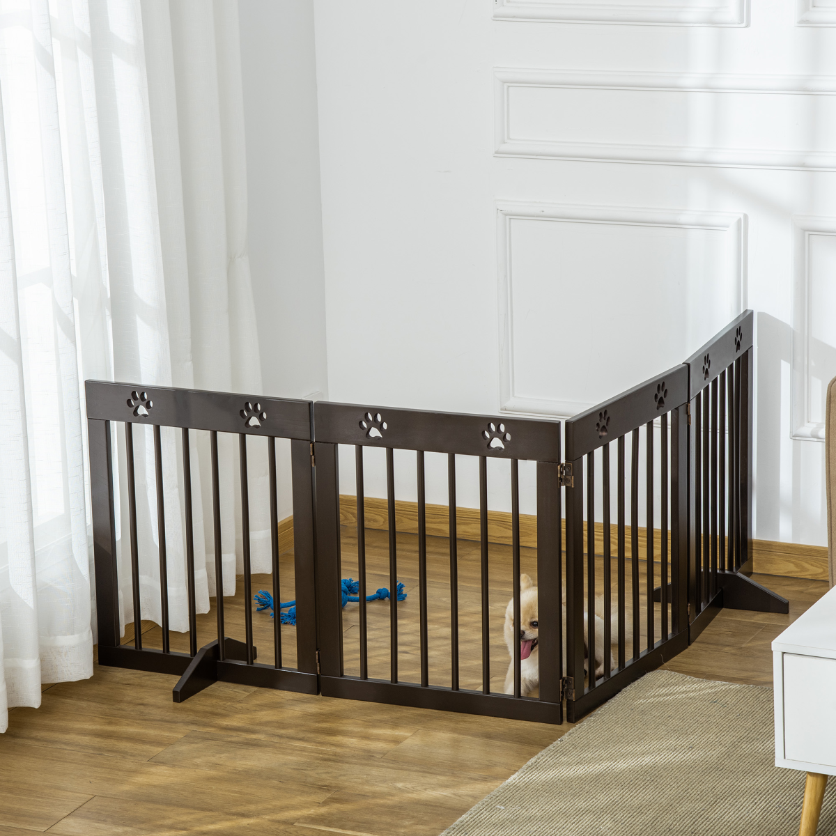 Freestanding Pet Gate 4 Panel Folding Wooden Dog Barrier  w/ Support Feet