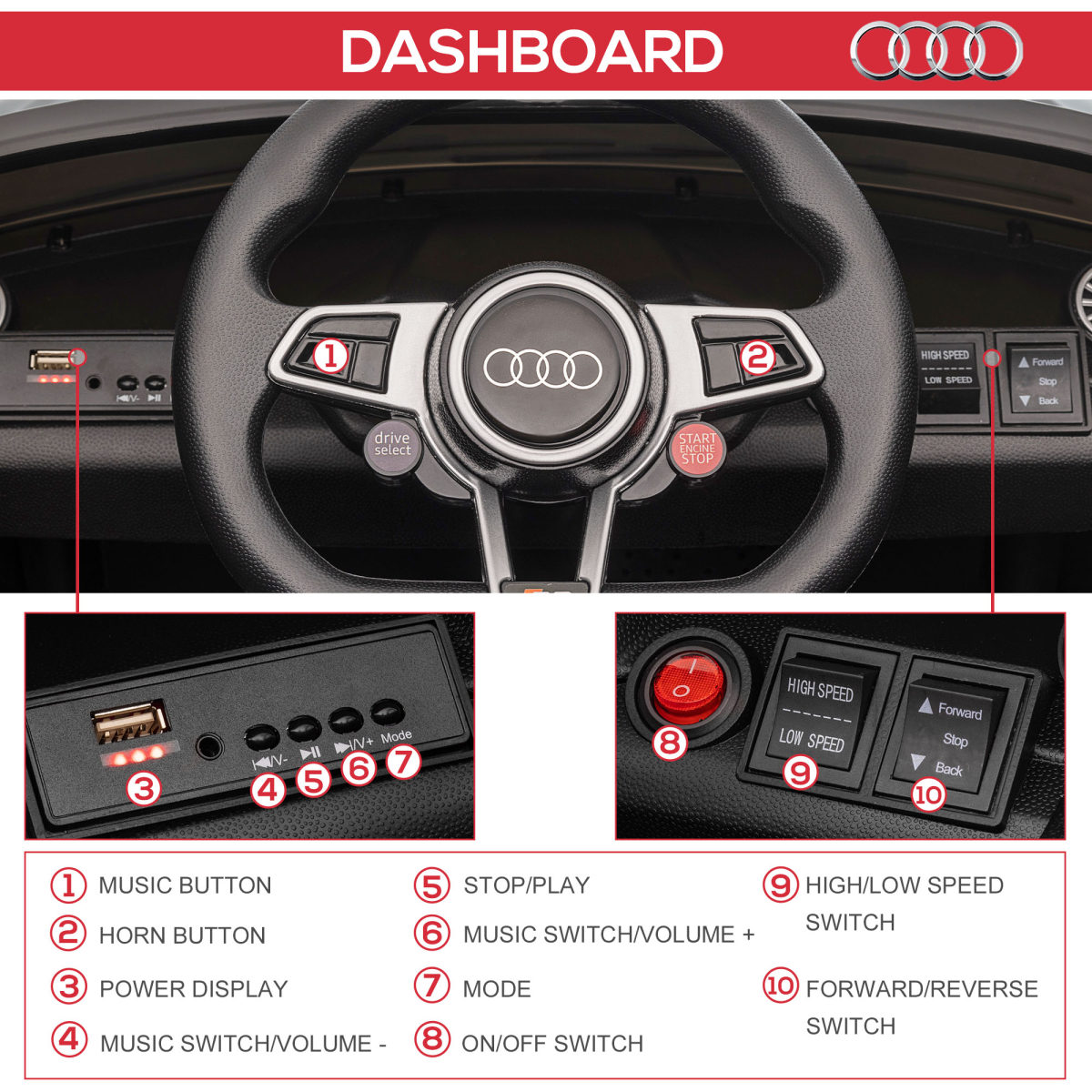 12V Battery Licensed Audi TT Ride On Car w/ Remote Headlight MP3 Black