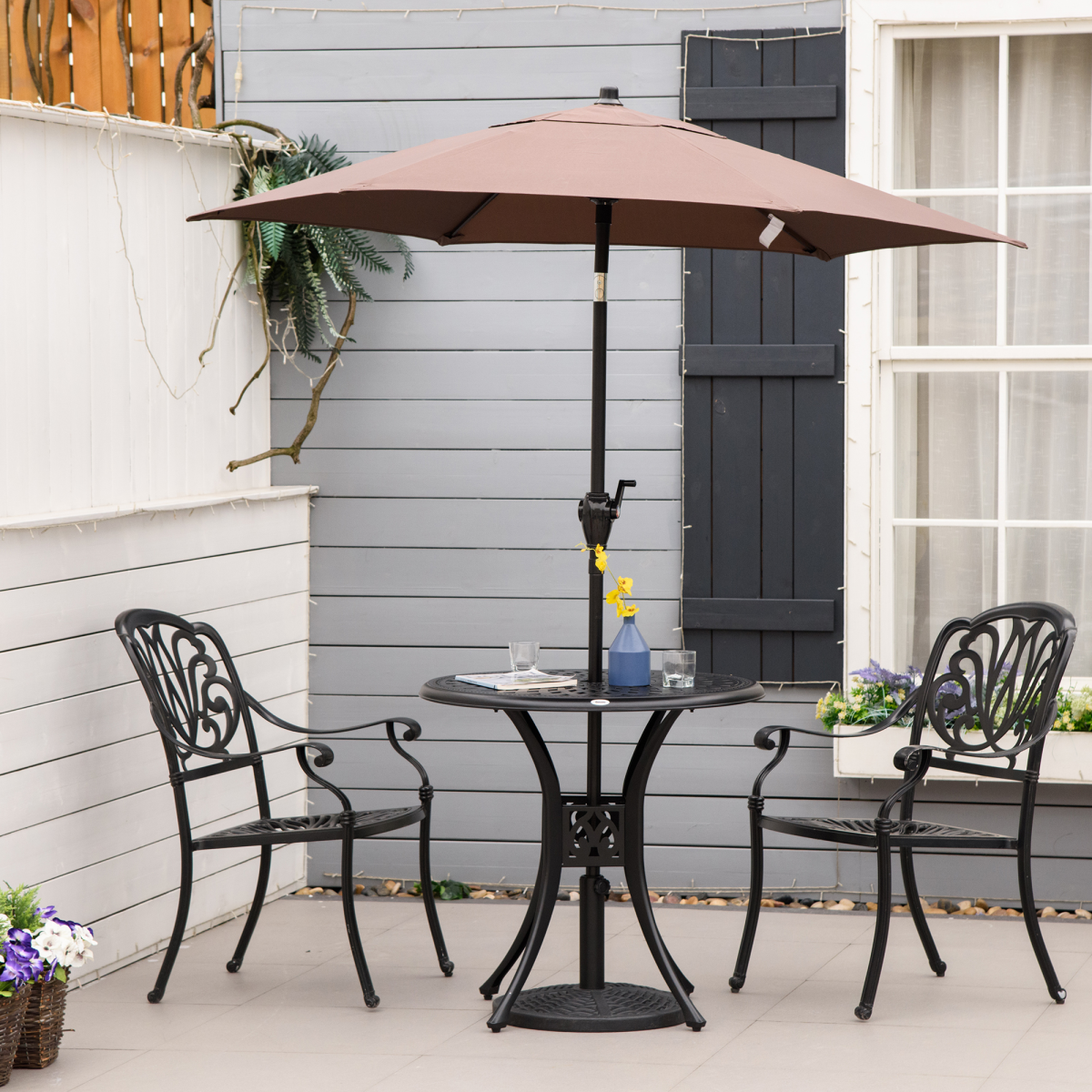 78cm Round Garden Dining Table with Parasol Hole Cast Aluminium Black Outsunny