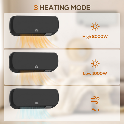 HOMCOM Wall Mounted Electric Heater with Timer Overheat Protection Black