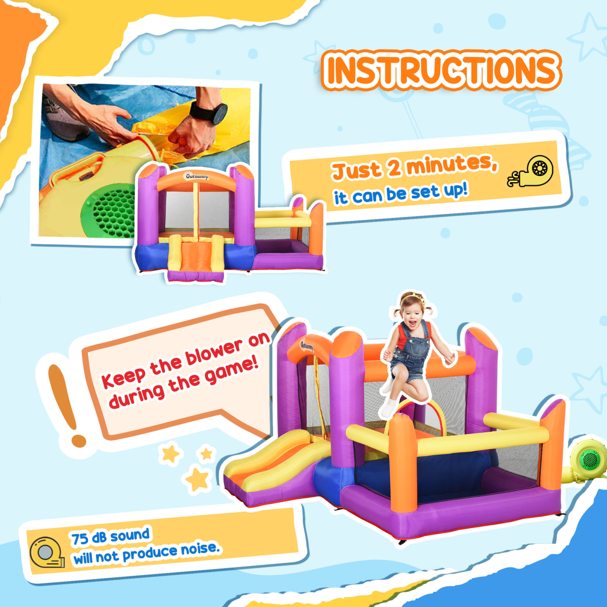 Bouncy Castle with Slide Pool House Inflatable w/ Blower Multi-color Outsunny