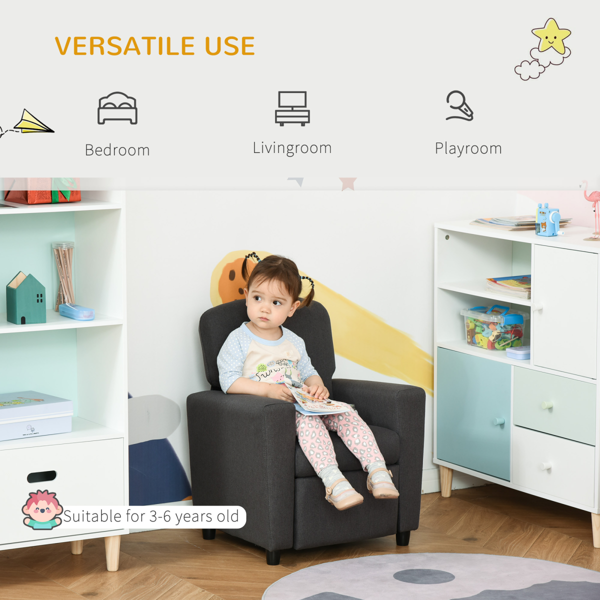 HOMCOM Kids Sofa with Footrest Linen Recliner Armchair Playroom Bedroom Grey