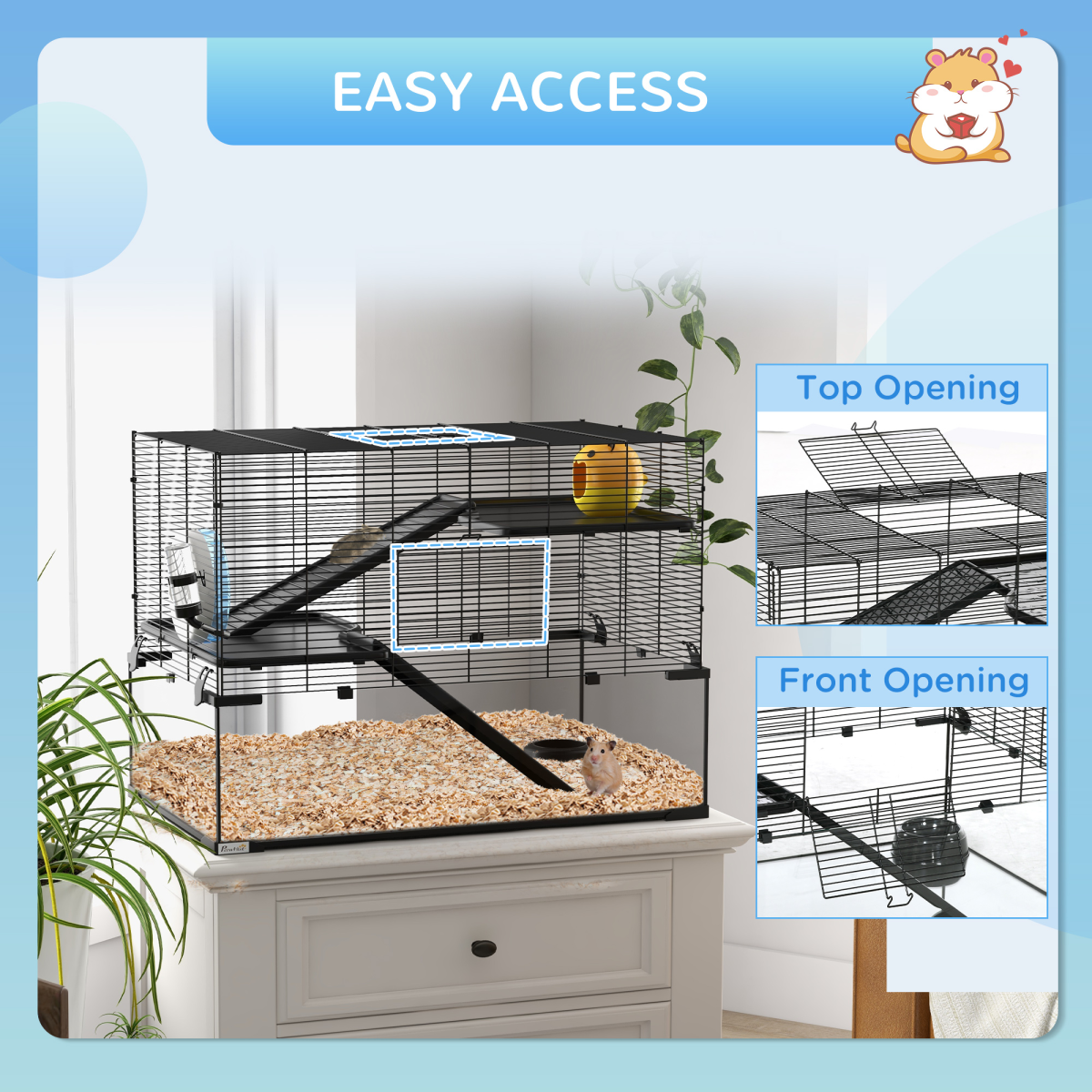 3 Tiers Hamster Cage w/ Deep Glass Bottom, Dish, Hut, 78.5 x 48.5 x 57cm