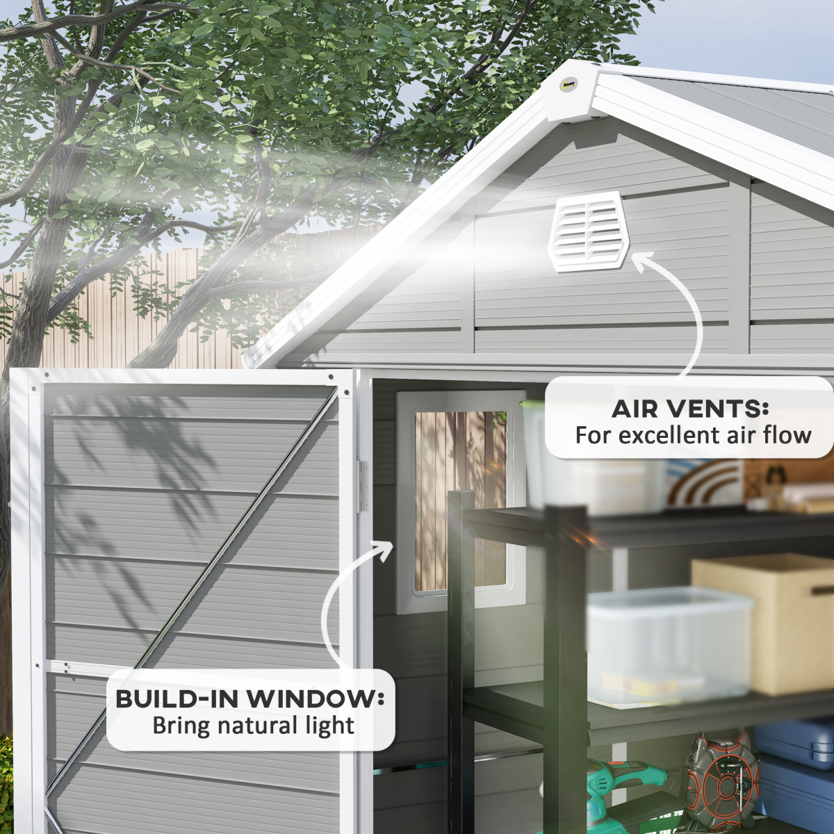 Outsunny 8 x 6ft Garden Shed Storage w/ Foundation Kit, Vents, Light Grey