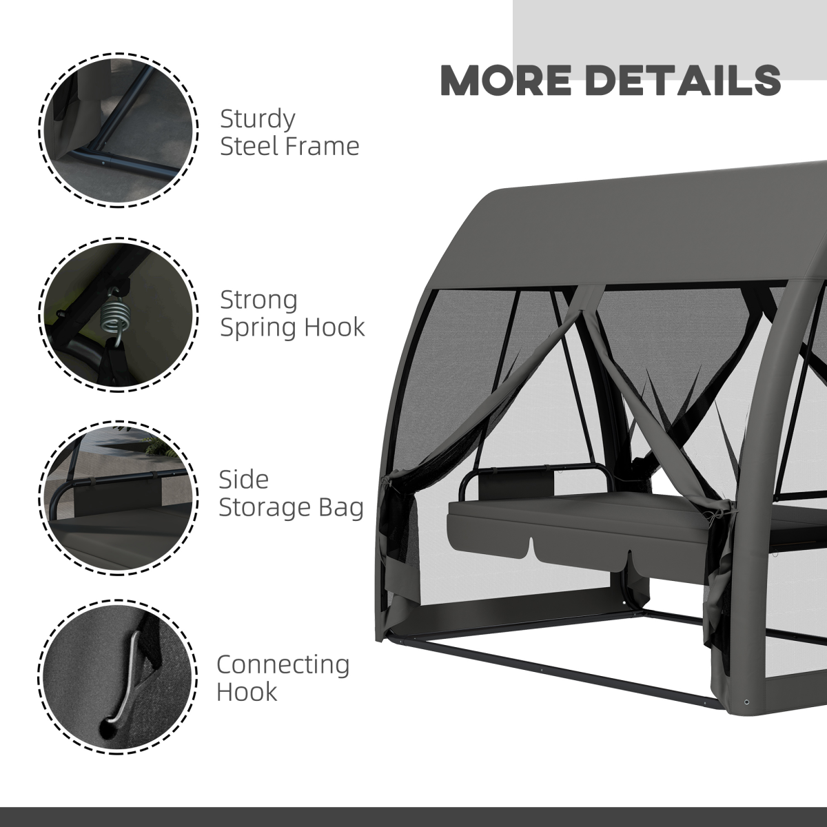 Outsunny Garden Swing Chair Patio Hammock 3 Seater Bench Canopy Lounger Grey
