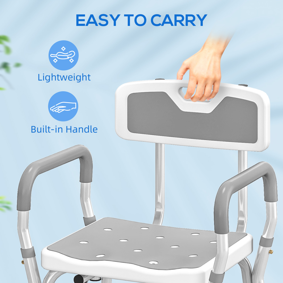 HOMCOM Padded Shower Stool with Arms and Back, 4 Suction Foot Pads, Grey
