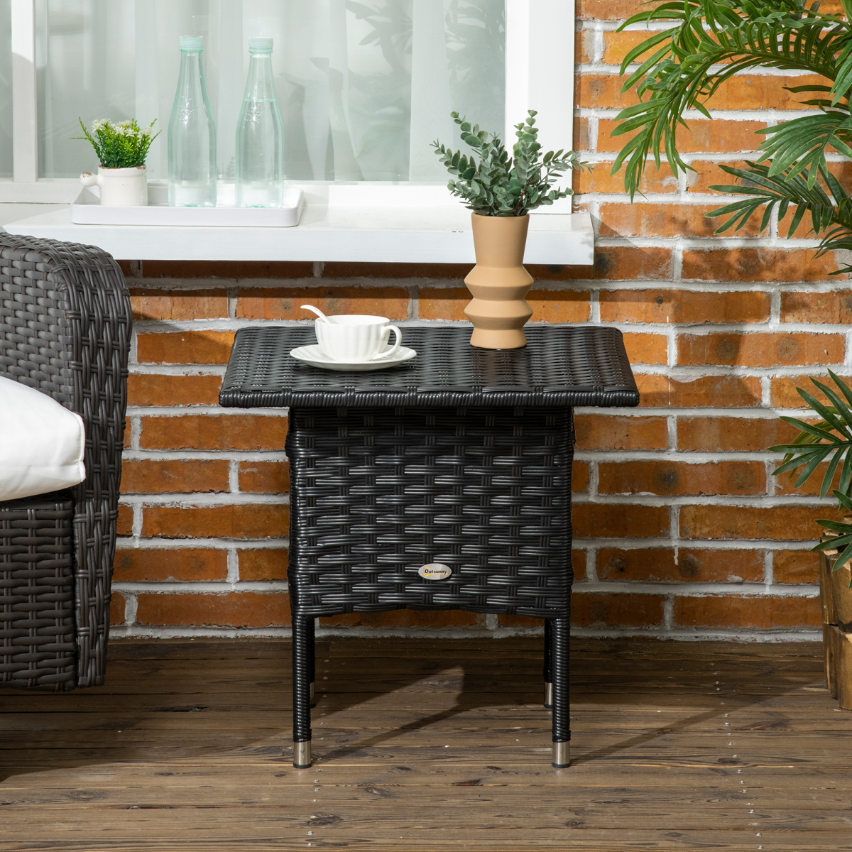 PE Rattan Outdoor Coffee Table, Rattan Side Table for Patio, Garden, Black