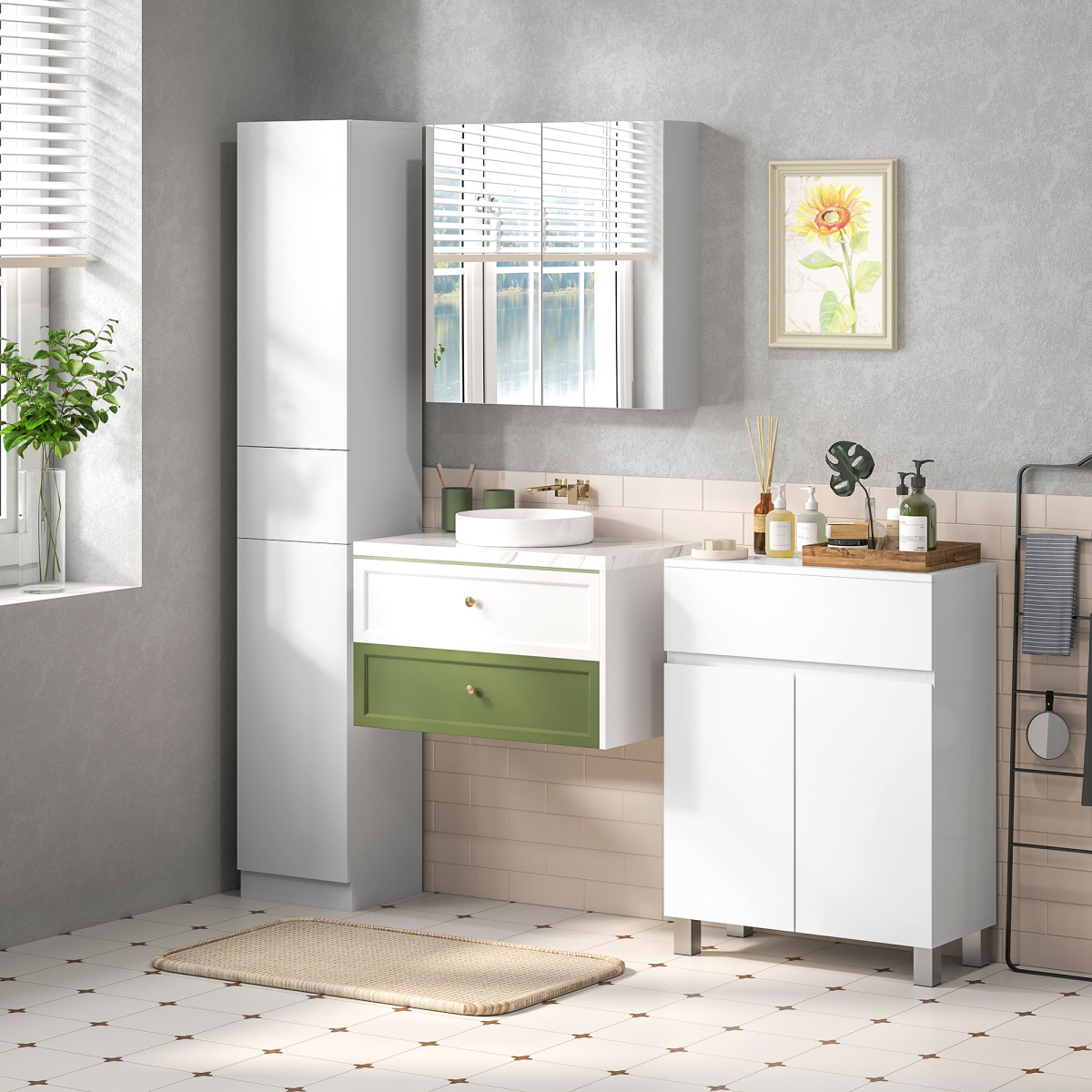 kleankin High Gloss Bathroom Floor Cabinet Storage Cupboard with Drawer