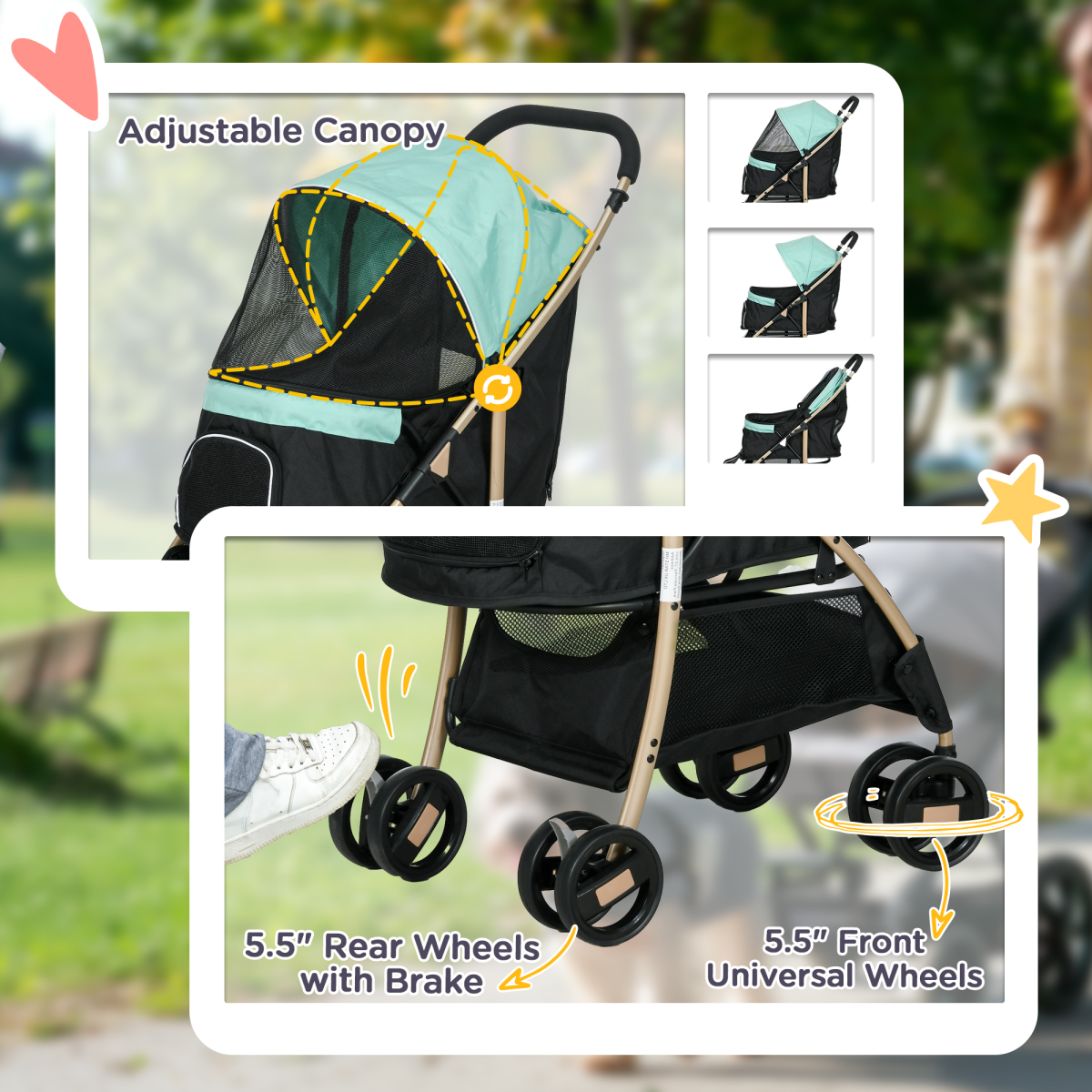 PawHut Pet Stroller for XS and S Dogs with Rain Cover - Green