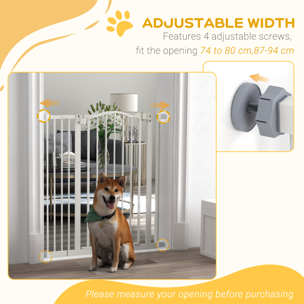 PawHut 74-94cm Adjustable Metal Pet Gate Safety Barrier w/ Auto-Close Door White