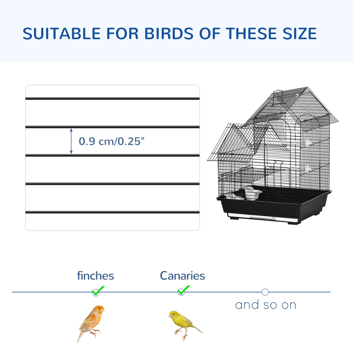 Metal Bird Cage w/ Plastic Perch, Food Container, Swing Ring, Handle - Black