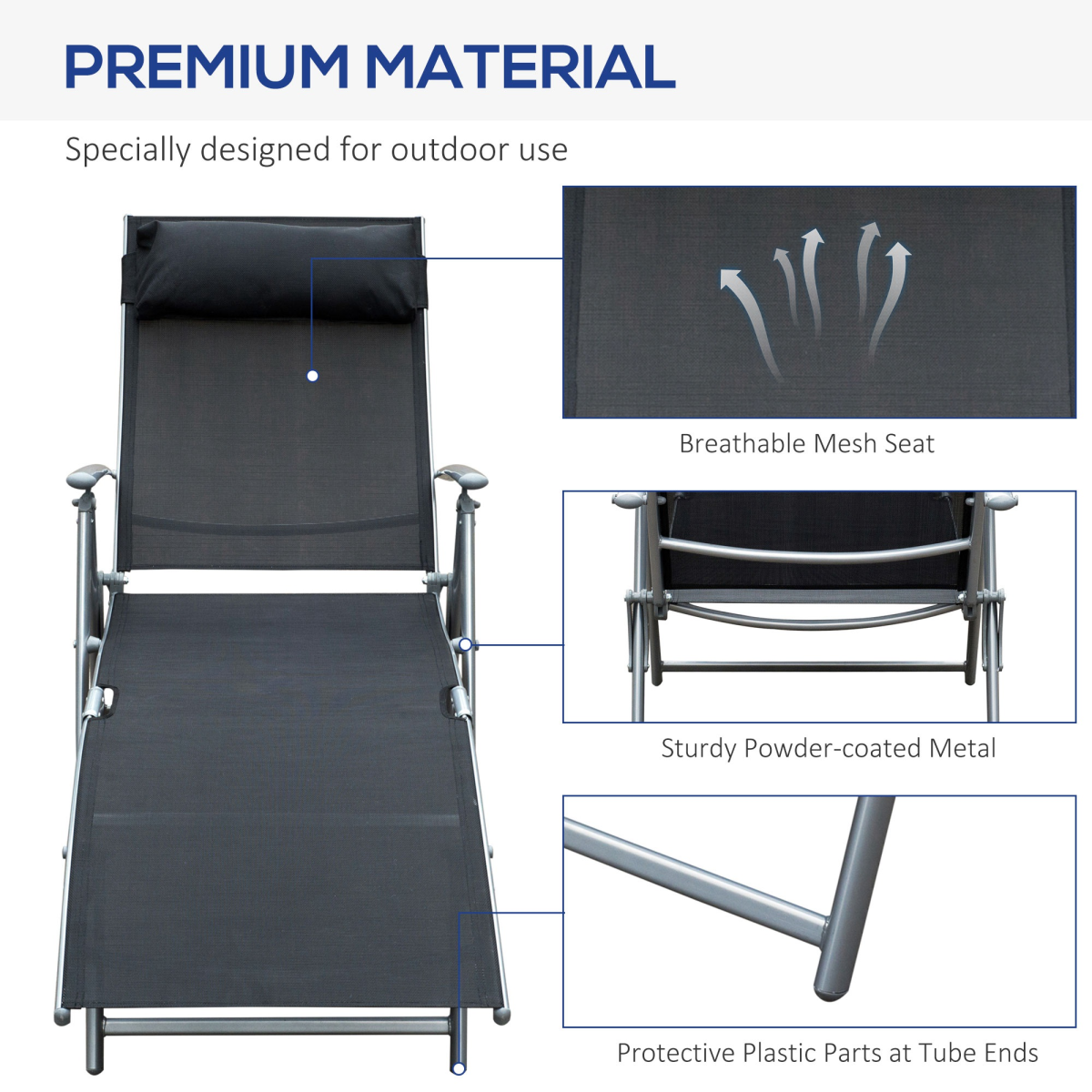 Sun Lounger Recliner Foldable 7 Levels Textilene Black Patio
